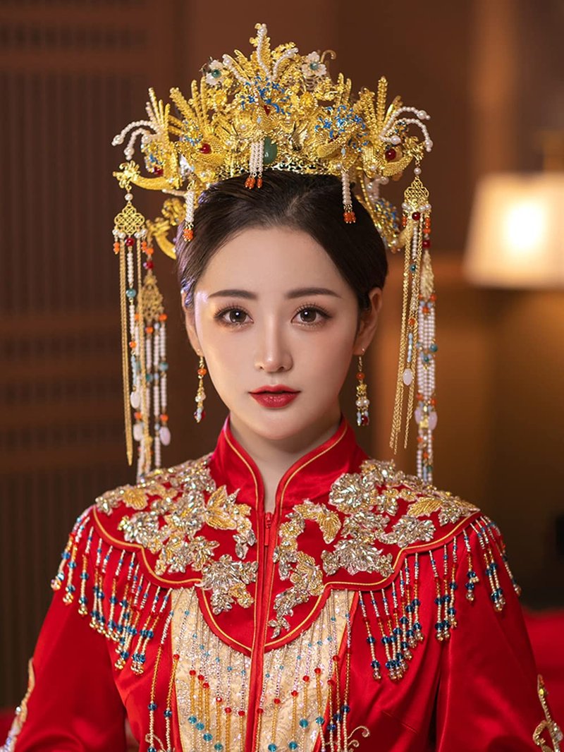 Chinese Wedding Bride Hair Accessory Chinese Crown Wedding Hair Accessories Golden Flower Floral Beaded Flapper Headband Jeweled Bridal Wedding Tiara (Phoenix)
