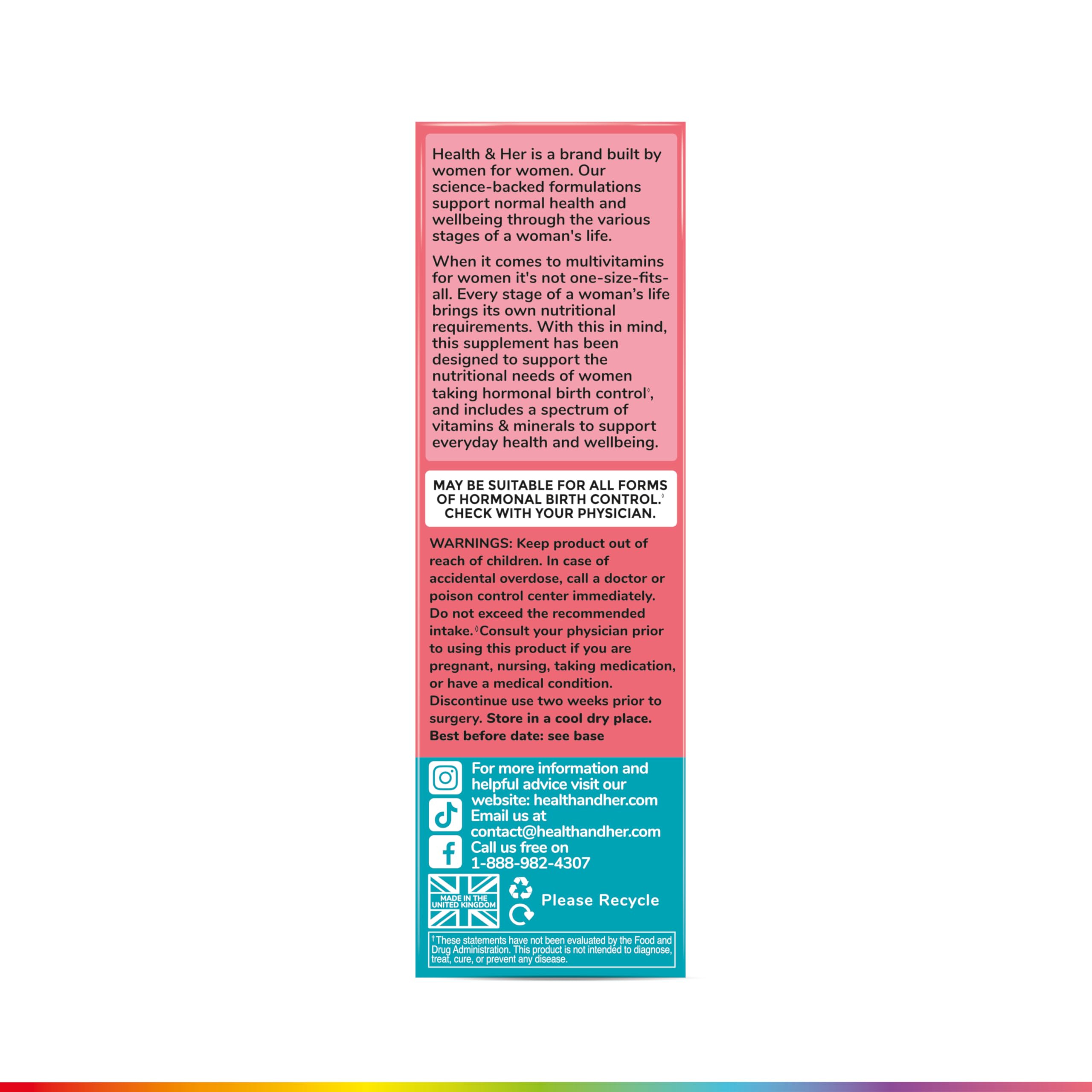 Health & Her Multivitamin Supplement for Women Taking Birth Control - Nutrition Support - 1 Month Supply, 60 Tablets - Vegan & Gluten Free