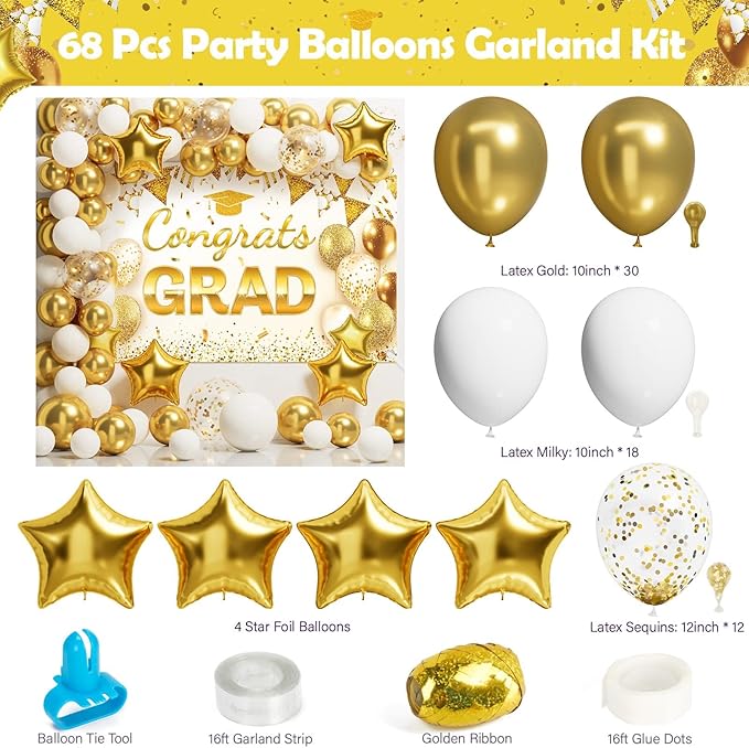 Ecomore 2026 Graduation Decorations - 245 PCS Grad Disposable Dinnerware(Serve 25) & Graduation Party Supplies With Congrats Paper Plate Cup Napkin Cutlery Tablecloth Backdrop Balloon Kit - White Gold