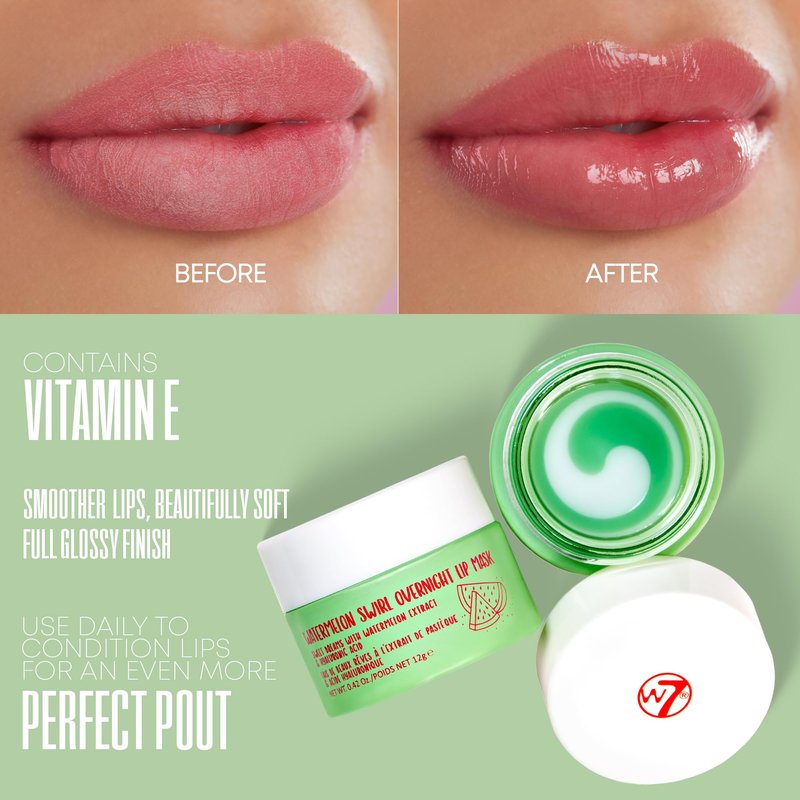 W7 Sweet Dreams Overnight Watermelon Swirl Lip Mask - Watermelon Fruit Extract & Hyaluronic Acid - For Hydrated, Full Looking & Irresistible Lips
