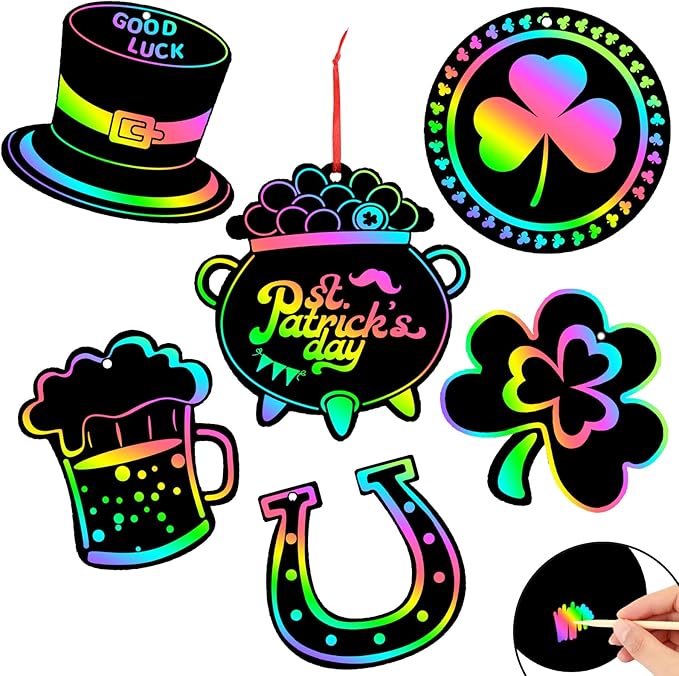 JULMELON 36 PCS St Patricks Day Scratch Art for Kids, St. Patrick’s Day Crafts for Kids Rainbow Color Magic Scratch Paper Cards Shamrock Hanging Ornaments DIY Crafts Decorations Party Favors
