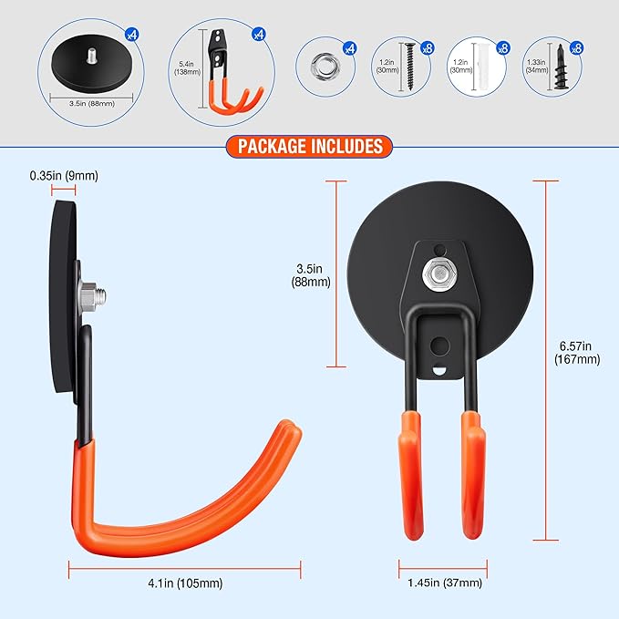 4Pcs Large Strong Magnetic Hooks for Hanging Heavy Duty, 3.5in Neodymium Magnet Storage Utility Hooks, Steel Long Magnetic Holder/Hanger Hook Organizer for Hanging Garage/Garden/Power Tools