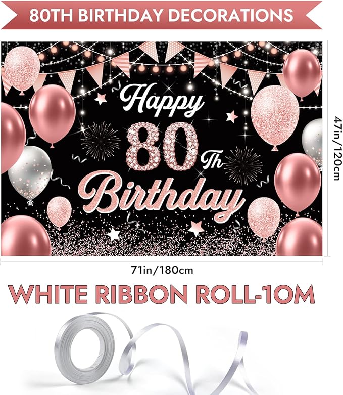 80th Birthday Decorations for Women - Happy 80th Birthday Banner Decorations Cheers to 80 Years Birthday Party Indoor and Outdoor Decoration Suppiles Pink Backdrop for 80th Birthday Party Favors Decor