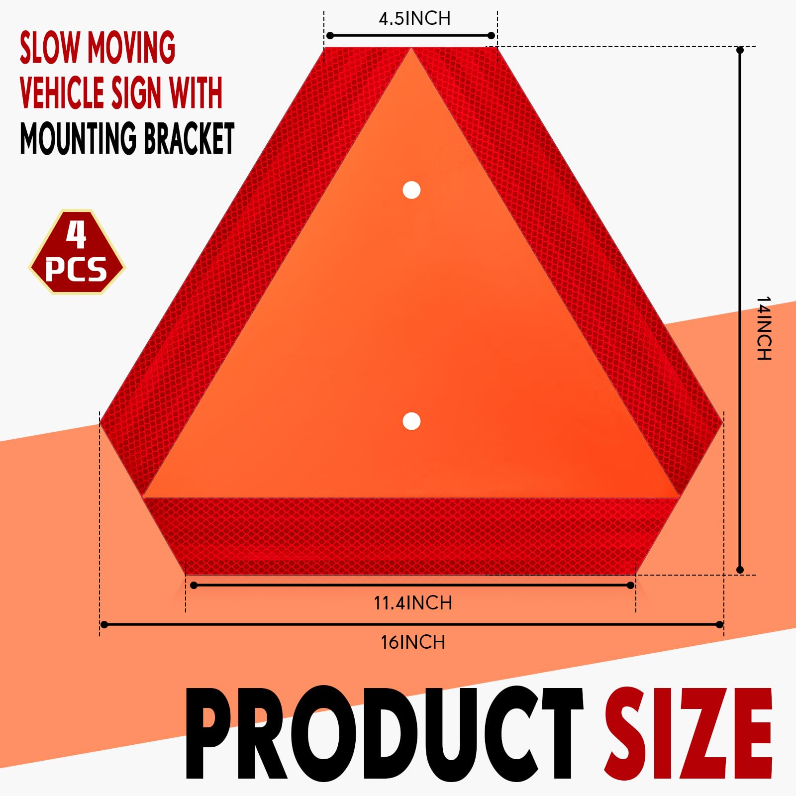 Yaocom 4 Sets Slow Moving Vehicle Sign with Mounting Bracket, 14 x 16 Inch Aluminum Triangle SMV Warning Reflective Sign, up to 7 Years Outdoor Use for Tractor, Golf Cart, ATV, UTV