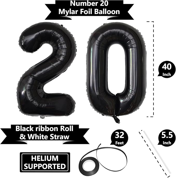 Number Balloons Black Party Balloon - Giant Number 20 Balloon, 40 Inch Large Balloon for 20th Birthday Decorations, Black Party Supplies for Men Women