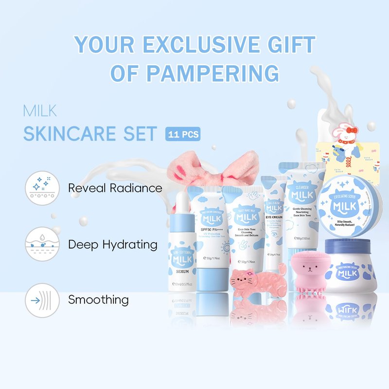 11 In 1 Milk Skincare Set for Women & Teens, Travel Skincare Set, Skincare Kits Milk Girls Gifts, Skin Care for Teens 10-12, Deep Moisturizing & Gentle Milk Teen Skin Care Kit for Women, Girls