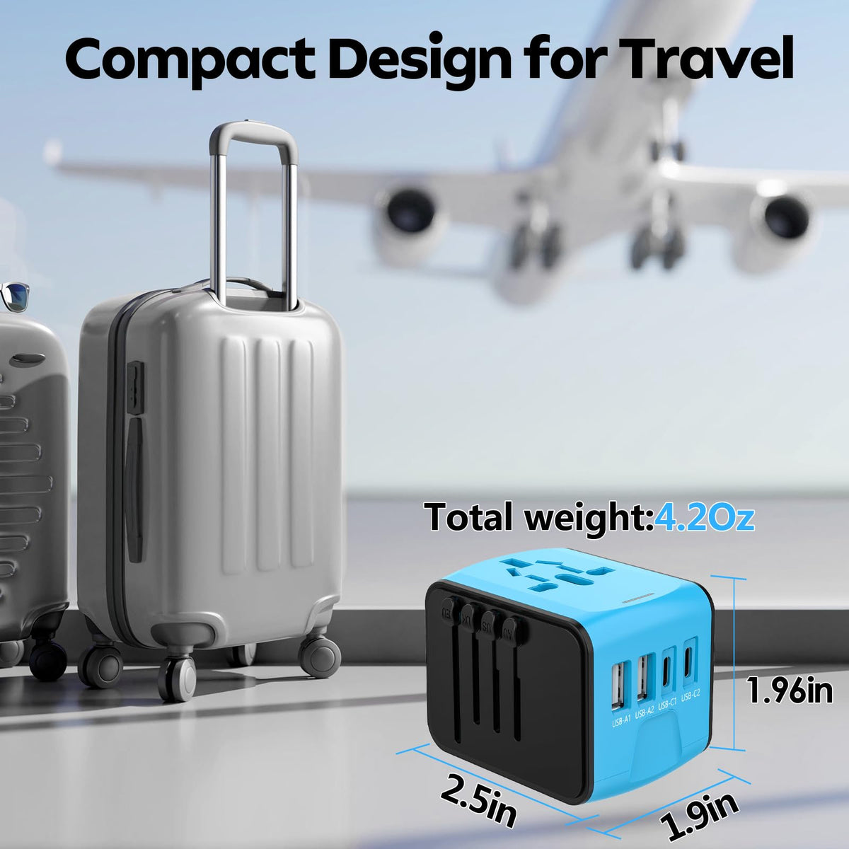 JMFONE Universal Travel Adapter, 2 USB-C & 2 USB-A Ports, 2500W AC Outlet