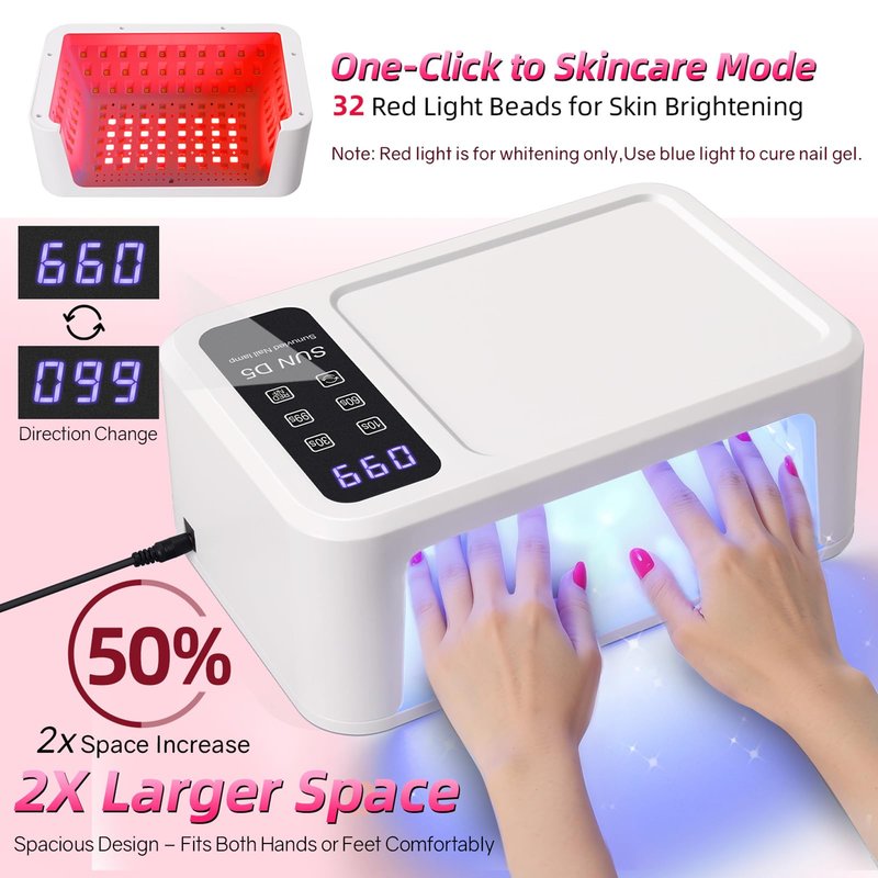 UV Light for Gel Nails, 120W UV LED Nail Lamp with 140 Beads, Fast Curing Professional Nail Dryer, Two-Hand Design, Red Light Skincare, Auto Sensor, LCD Display, 4 Timers for Fingernails & Toenails