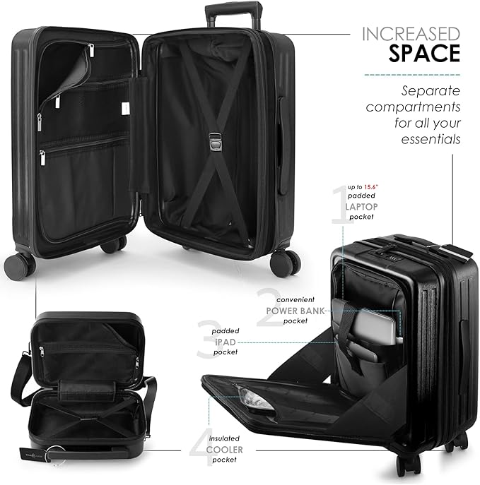 TRAVELARIM 20 Inch Carry On Luggage 22x14x9 Airline Approved, Carry On Suitcase with Wheels, Hard-shell Carry-on Luggage, Durable Luggage Carry-On, Jet Black Small Suitcase with Cosmetic Case
