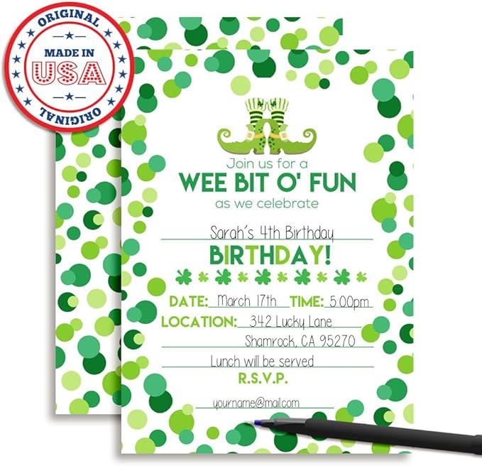 Amanda Creation Wee Bit O' Fun St. Patrick's Day Themed Birthday Party Fill In Invitations set of 20 with envelopes