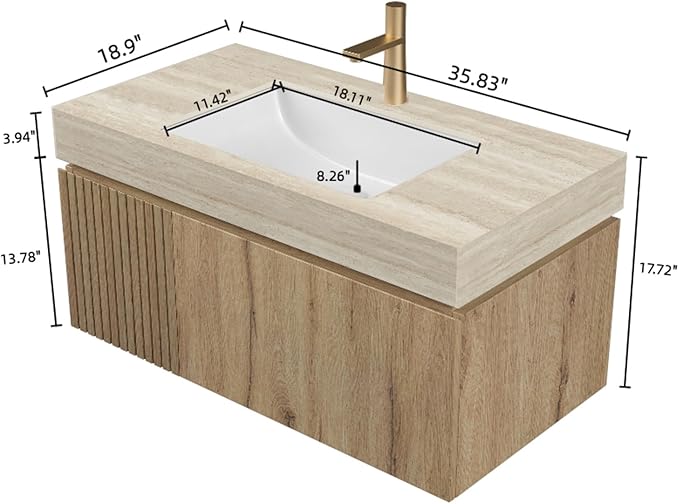 Bathroom Vanity with Sink 36 Inch, Floating Bathroom Vanity Sink Cabinet with Drawer and Door, Undermount Sink & Travertine-Pattern Sintered Stone Top, Pre-Assembled, White Oak