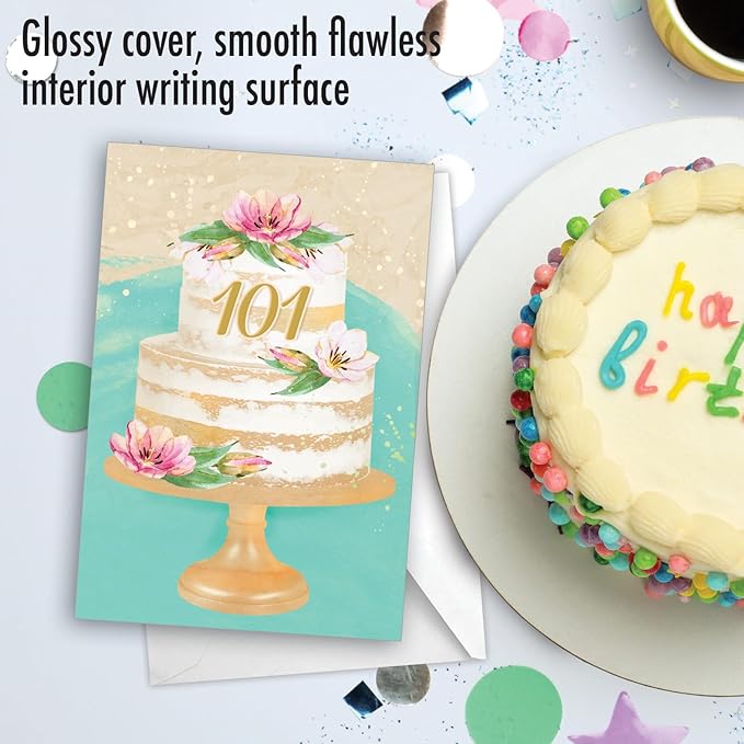 NobleWorks 101th Milestone Birthday Paper Card with 5 x 7 Inch Envelope (1 Card) Number Cake 101 C10111MBG