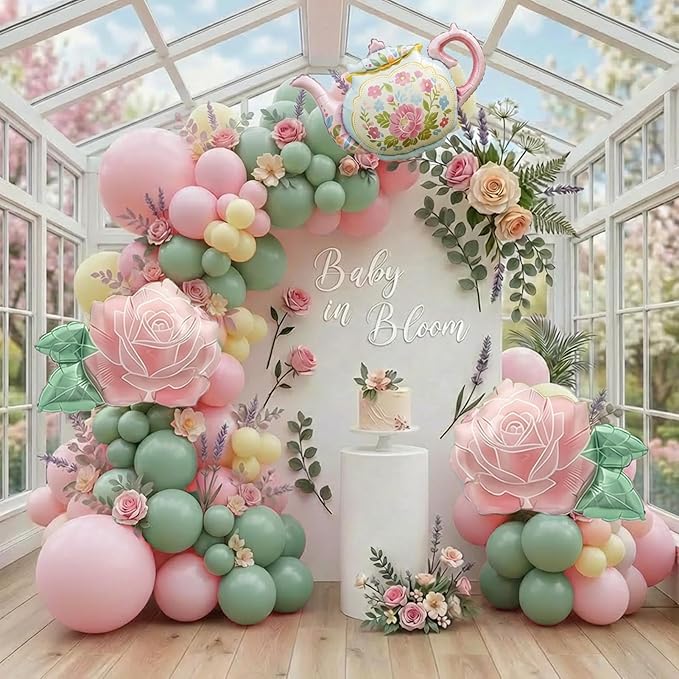 Spirng Tea Party Balloon Garland Kit Pastel sage green pink balloons With Teapot & Rose mylar balloons for outdoor garden Let's Par Tea Girls Birthday Alice in Wonderland decorations