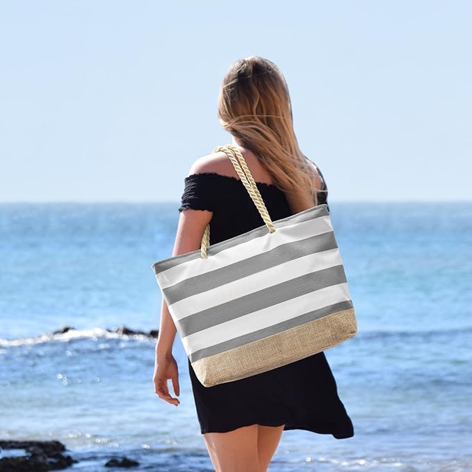 Becokan Beach Bags for Women Large Canvas Beach Tote Bag Beach Bags Waterproof Sandproof Swim Pool Bag Travel Essentials
