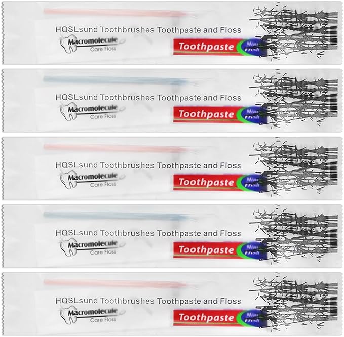 100 Pack Disposable Toothbrushes with Toothpaste Floss Individually Wrapped, 2 Color Toothbrush,10g Toothpaste,Floss Pick,Bulk Toothbrush Kit for Homeless,Airbnb,Hotel,Guest