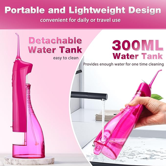 TOVENDOR Electric Water Dental Flosser Teeth Pick, Cordless Flossers Oral Irrigator IPX7 Waterproof 300ML Rechargeable Travel Water Teeth Cleaner with 5 Tips for Home Braces Care Gums Deep Cleaning