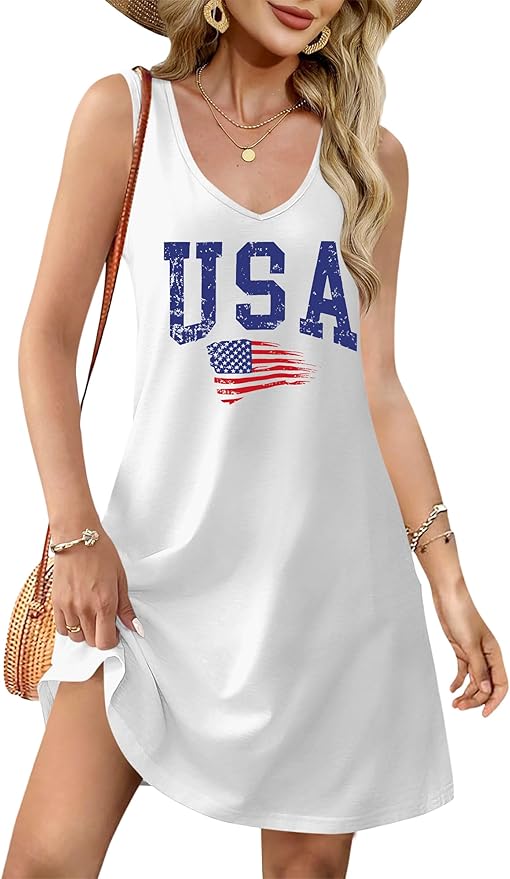 LHBNK 4th of July Dress for Women: American Flag Tank Dresses Star Striped Splicing Loose V Neck Sundresses