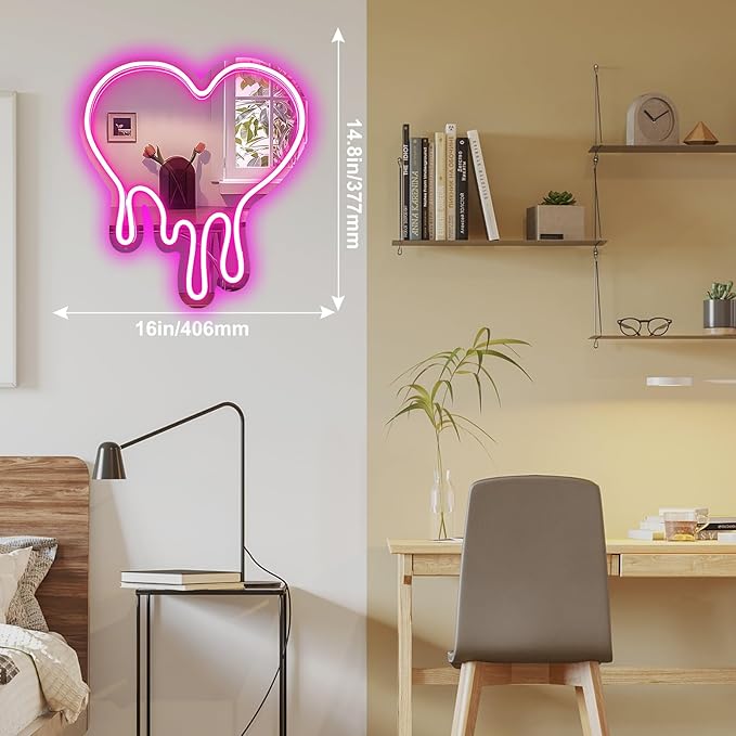 Heart Mirror Neon Sign Heart Neon Wall Art Sign for Wall Decor LED Neon Mirror Light Sign for Girls Room Bedroom Wedding Birthday Party