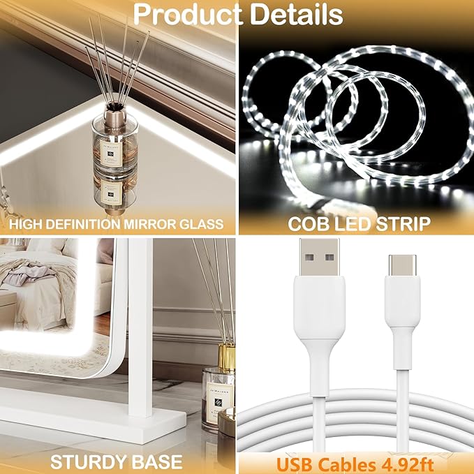 Lighted Makeup Mirror, Hollywood Vanity Mirror with Lights, Three Color Lighting Modes, LED Mirror, Smart Touch Control, 360°Rotation (15.2in. Curved)