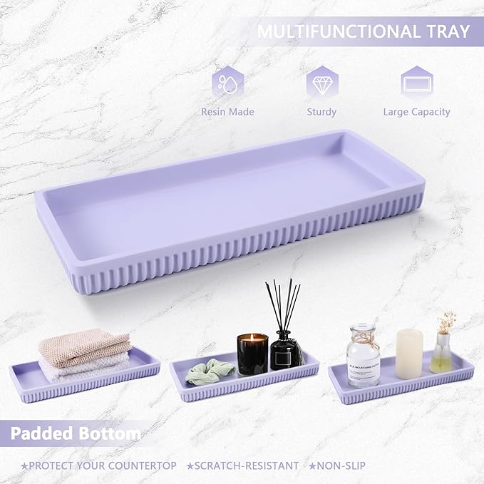 Resin Light Purple Bathroom Accessories Set 5 Pcs, Lotion Soap Dispenser, Toothbrush Holder, Bathroom Tumbler, Qtip Holder and Vanity Tray, Bathroom Countertop Organizer Set for Home Apartment