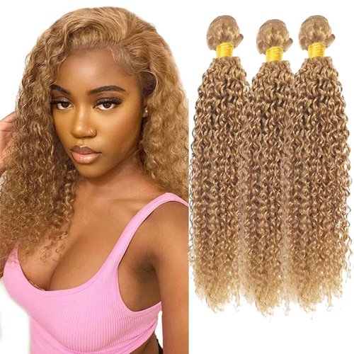 Fabimiya 16 18 20 Inch Human Hair Bundles Honey Blonde 27# Jerry Curly Bundles Human Hair 100% Unprocessed Soft Sewn In Hair with Double Weft for Black Women