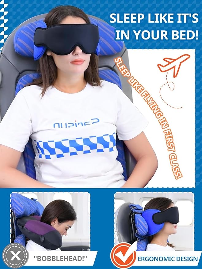 SARISUN Travel Pillows for Airplanes, Airplane Pillow with 3D Eye Mask for Sleeping, 360° Support Head Strap for Long Flights, Car, Road Trip Car Headrest, Travel Essentials Stop Bobblehead, Purple