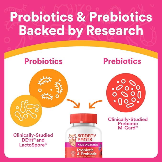 SmartyPants Kids Probiotic & Prebiotic Gummies for Digestive Health: Gut Health Supplement, Clinically Studied Prebiotic for Immune Support, Grape, 60 Count (30 Day Supply)