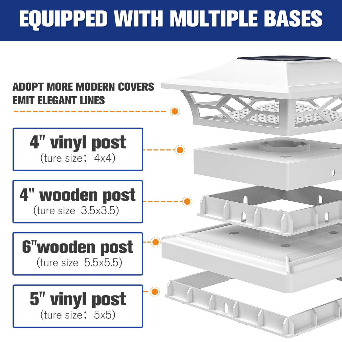 VOLISUN Solar Post Cap Lights: 6 - Pack Outdoor Deck Post Cap Lights White for Dock Fence Waterproof 2 Color Modes,4x4/6x6 Wooden/Vinyl Posts