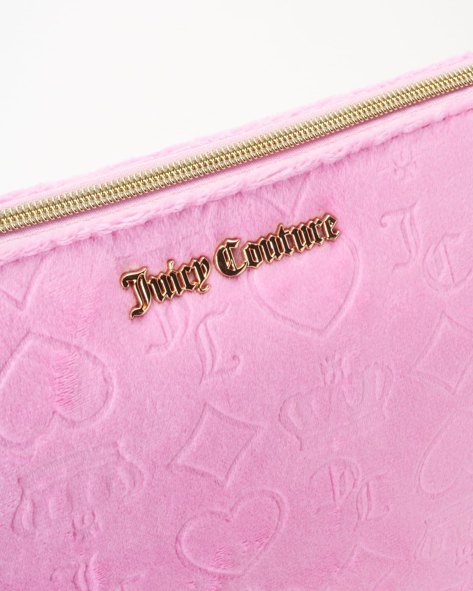 Juicy Couture Pink Makeup Bag Cosmetics Organizer Travel Essentials Zip Top Wedge Velour Heart Crown