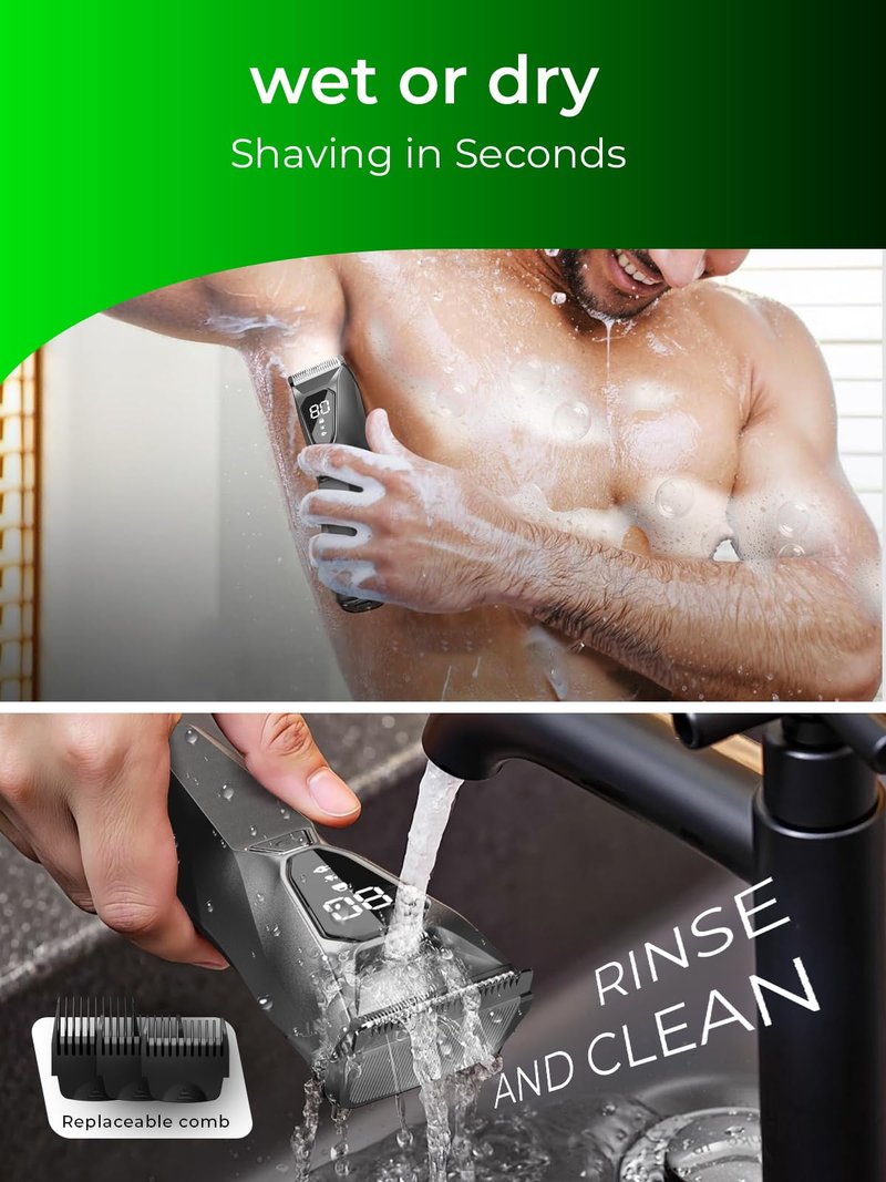 Lijecozy Body Hair & Pubic Hair Trimmer for Men - Electric Ball Shaver with LED Light & Display, Waterproof Wet/Dry Groomer Kit with Wireless Charging & 3 Combs, Ceramic Blade Technology