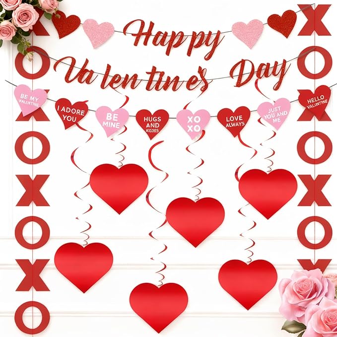 Valentines Day Decorations Set for Party, Happy Valentines Banner, XO Garlands, Hanging Swirls Heart Decor for Home Wedding Anniversary Party Supplies (Valentines)