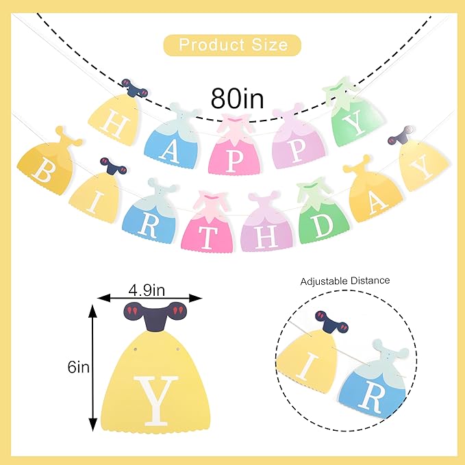 Princess Dress Happy Birthday Banner - Princess Birthday Party Decorations,Gril First/1st Party Bunting,Photo Prop Banner (Princess-1)
