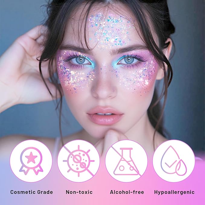 DAGEDA Light-Reactive to Pink Body Glitter Gel, Holographic Face Glitter Rave Party Accessories, Chunky Glitters for Hair Eyes Nails, Cosmetic Laser Powder Festival Sequins Paint Makeup