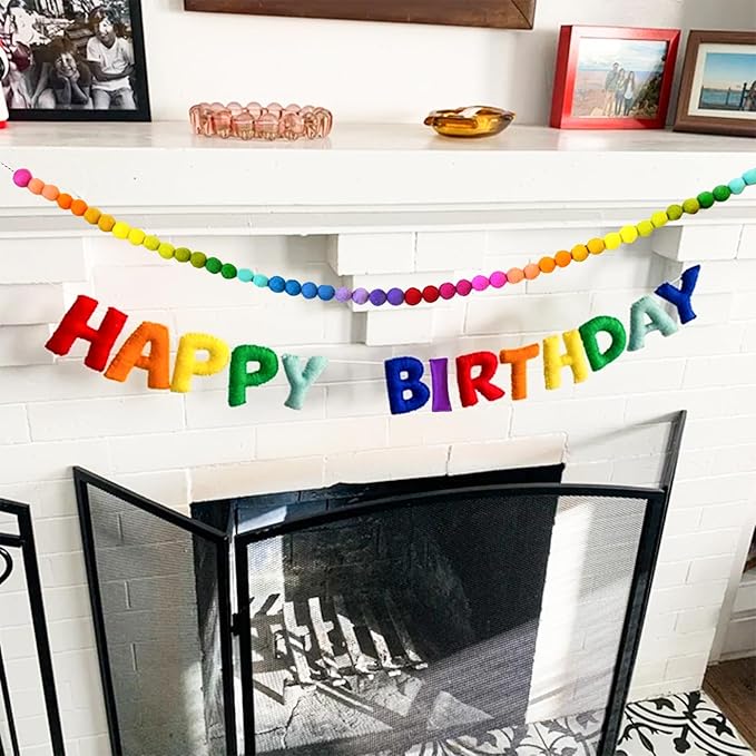 Colorful Wool Felt Ball Banner Garland, Handmade Rainbow Pom Pom Garland for Mantle, Wall, Table Centerpiece | Spring Decorations for Birthday, Christmas Home Kids Playroom Decor 6.56 Ft 60 Balls