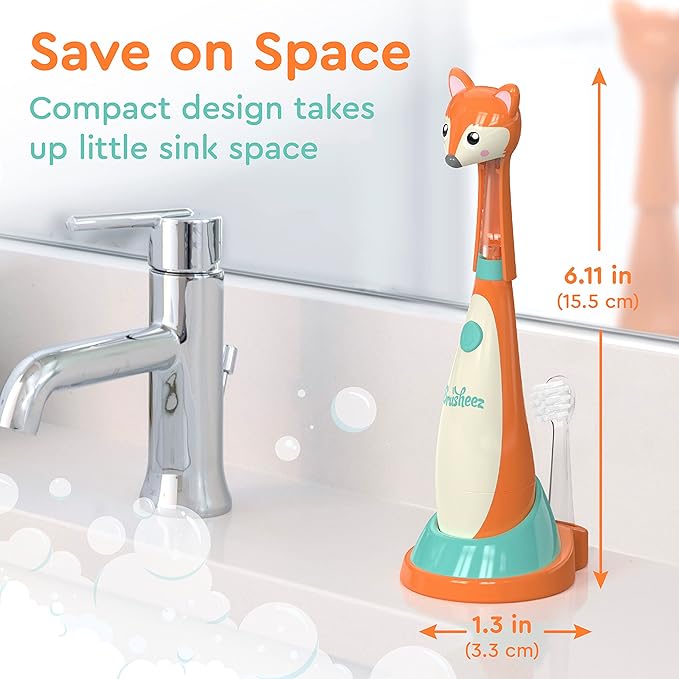 Brusheez Little Toddlers’ Sonic Toothbrush - Safe & Gentle Toothbrush for Ages 1-3 with Built-in, Light-Up 2-Minute Timer, Extra Brush Head, & Storage Base for First-Time Brushers (Fuzzy The Fox)