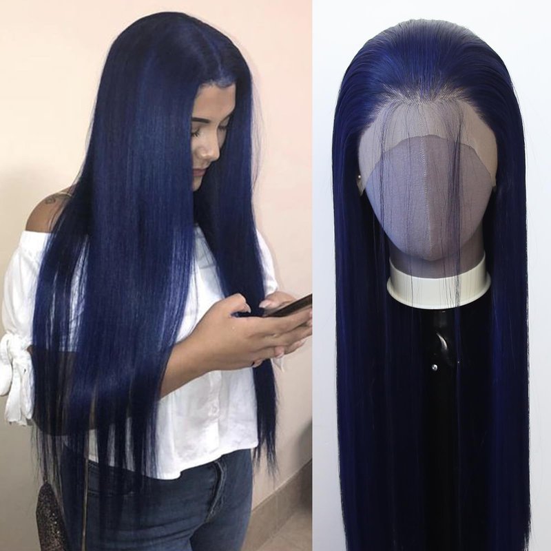 zigzag hair Dark Blue Wig Long Straight Navy Blue Synthetic Lace Front Wigs for Fashion Women Pre Plucked with Natural Hairline Heat Resistant Fiber Hair Glueless Synthetic Lace Wig (Dark Blue)