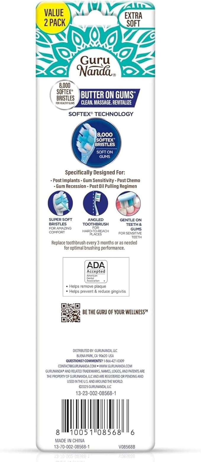 GuruNanda Butter On Gums Toothbrush, ADA Accepted, with 8000+ Ultra Soft Softex Bristles for Sensitive & Receding Gums, Perfect for Whiter Teeth, 2 Ct