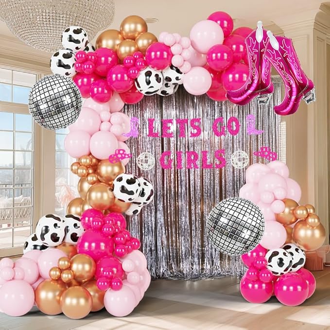 Pink & Rose Gold Cow Print Balloon Arch, Disco Boot Foil Balloons, 111Pcs Cowgirl Bachelorette Party Decorations Kit - 'Lets Go Girls' Banner - Perfect for Last Rodeo, Western, & Bachelorette Parties