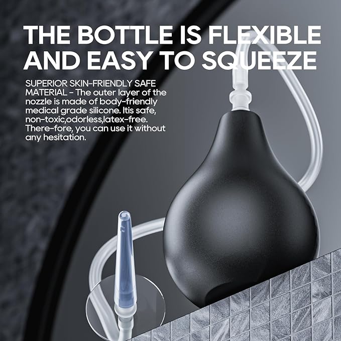 Black Silicone Enema Bulb Kit 7.6oz Clean Anal Douche for Men Women with 19.7in Hose+4 Replaceable Nozzle (Black)