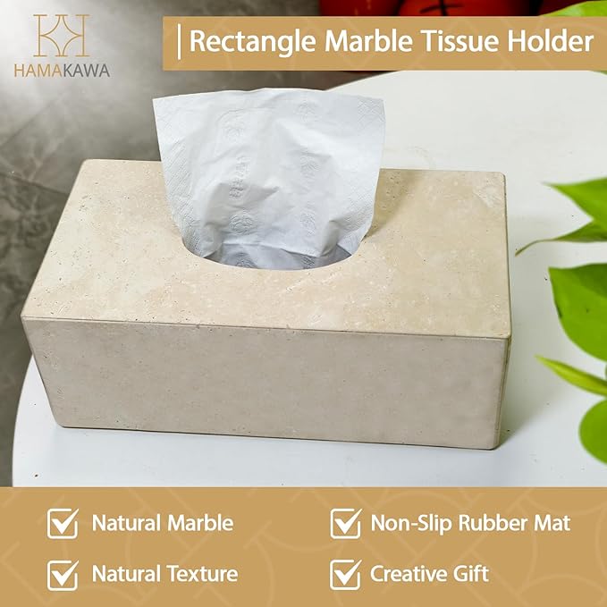 Natural Marble Tissue Box Cover, Beige Tissue Organizer L 10 x W 5.5 x H 3.5 Inch, Heavy Stone Decorative Box, Square Tissue Box Holder for Home Decor, Kitchen, Bathroom