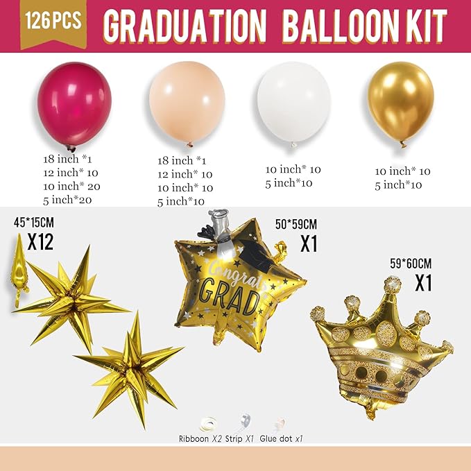 Burgundy White Gold Graduation Balloon Garland Arch Kit 126PCS with foil Star Crown graduation Cap balloons for School students graduate class of 2026 Prom Party decorations