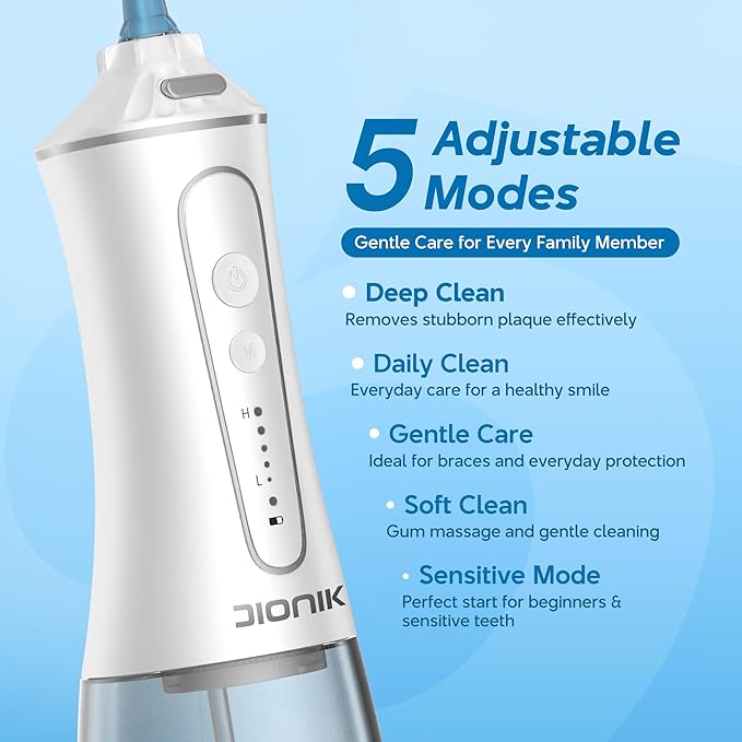 DIONIK Water Flosser Rechargeable, Cordless & Portable Water Flosser for Teeth Cleaning, Electric Oral Irrigator with 5 Modes, IPX7 Waterproof, 300ML Tank for Braces & Gum Care