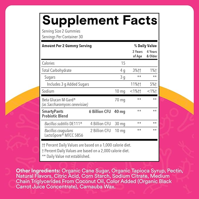 SmartyPants Kids Probiotic & Prebiotic Gummies for Digestive Health: Gut Health Supplement, Clinically Studied Prebiotic for Immune Support, Strawberry, 60 Count (30 Day Supply)