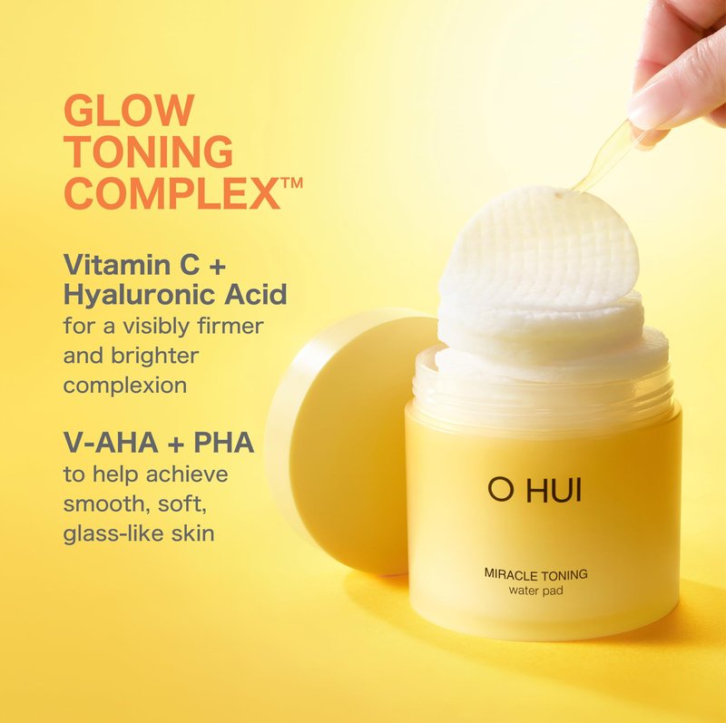OHUI Miracle Toning Dual Sided Toner Pads | Exfoliating, Soothing, Moisturizing, Smoothing | Glowing Skin, Dullness | Hyaluronic Acid, Vitamin C, AHA, PHA, Niacinamide, Panthenol, Glycerin | K-Beauty