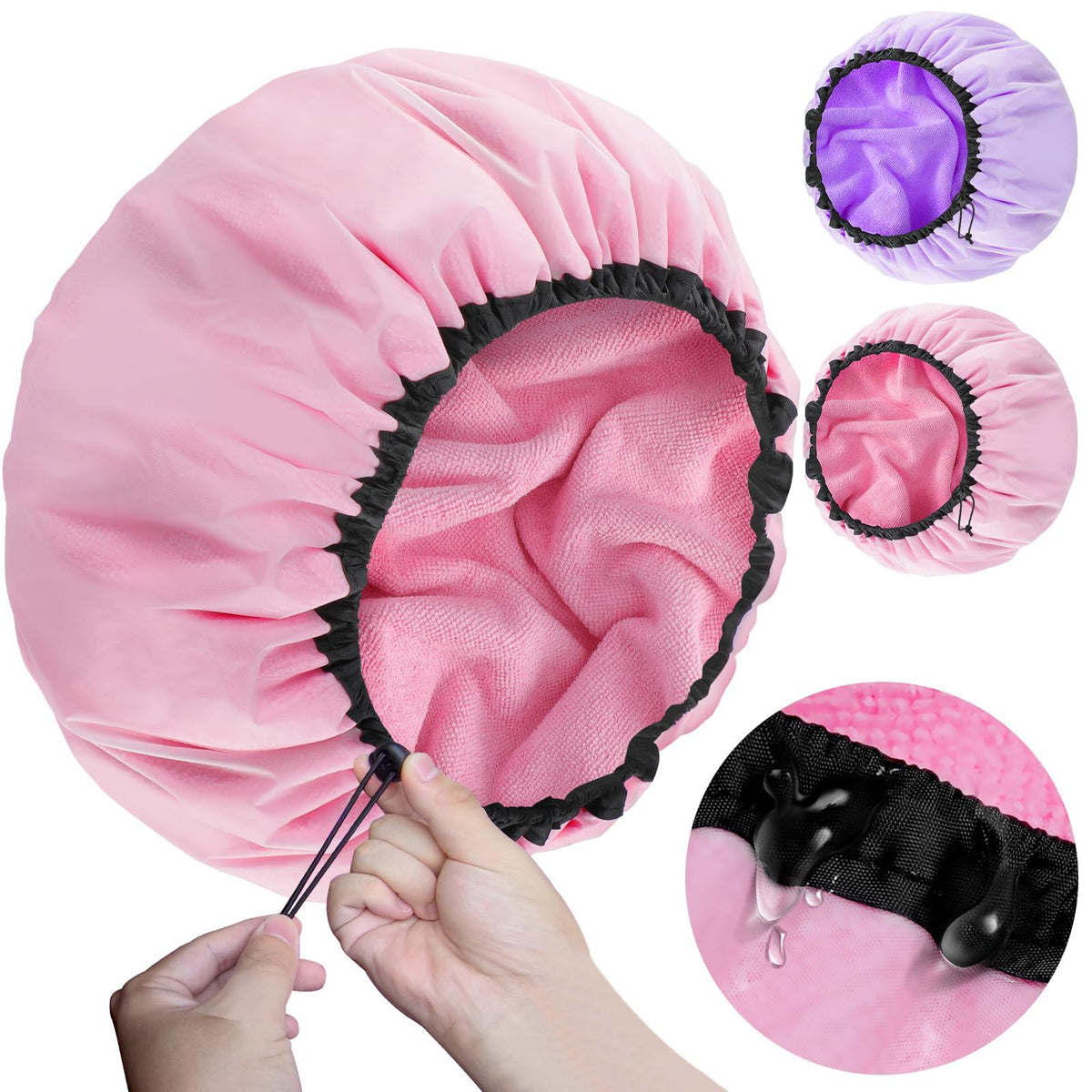 Sheomern 2 Pcs 16.5"Jumbo Adjustable Terry Cloth Lined Shower Caps for Long Hair & Braids, Extra Large Dual Waterproof Hair Cap for Women & Men, Reusable XXL for Dreadlocks, Locs