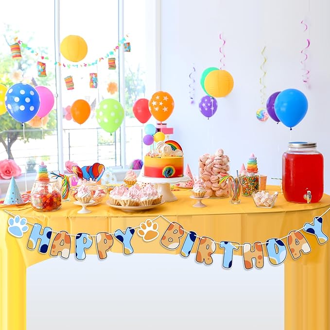 Blue Dog Birthday Party Supplies, Blue and Orange Banner Dog Happy Birthday Banner Party Decorations for Decoration Centerpieces