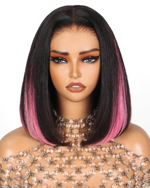 Arabella 12inch 6x6 Bob Wig Human Hair and 4 Pcs 1B/Pink Clip in Hair Extensions Ready to Go Glueless Wig Real 210% Density Straight Glueless Bob Wigs Human Hair Pre Cut Lace Pre Bleached Tiny Knots