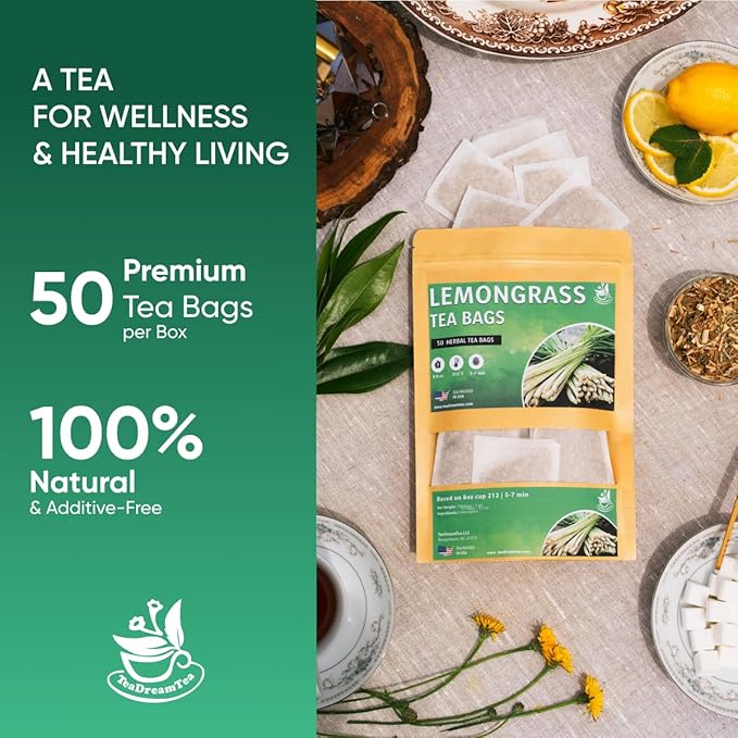 Lemongrass Tea Bags - 50 Bags (Premium Natural Pure Leaf Tea - 50 Count) Gluten-Free and Caffeine-Free Herbal tea for Relaxation, Wallness, Immune Support with Smooth Taste