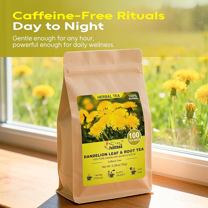FullChea - Dandelion Leaf & Root Tea Bags, 100 Teabags, 1.5g/bag - Natural Dandelion Herbal Tea for Liver & Kidney Health - Non-GMO - Caffeine-free - Support Digestion & Boost Immune System