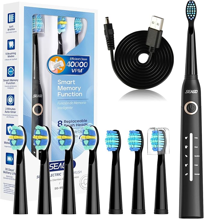 SEAGO Electric Toothbrush, Rechargeable Toothbrush for Adults Sensitive Teeth, 8 Brush Heads, 5 Modes with Teeth Whitening, Endurance 30 Days, Kids Electric Toothbrushes 6-12, SG-958(Black)